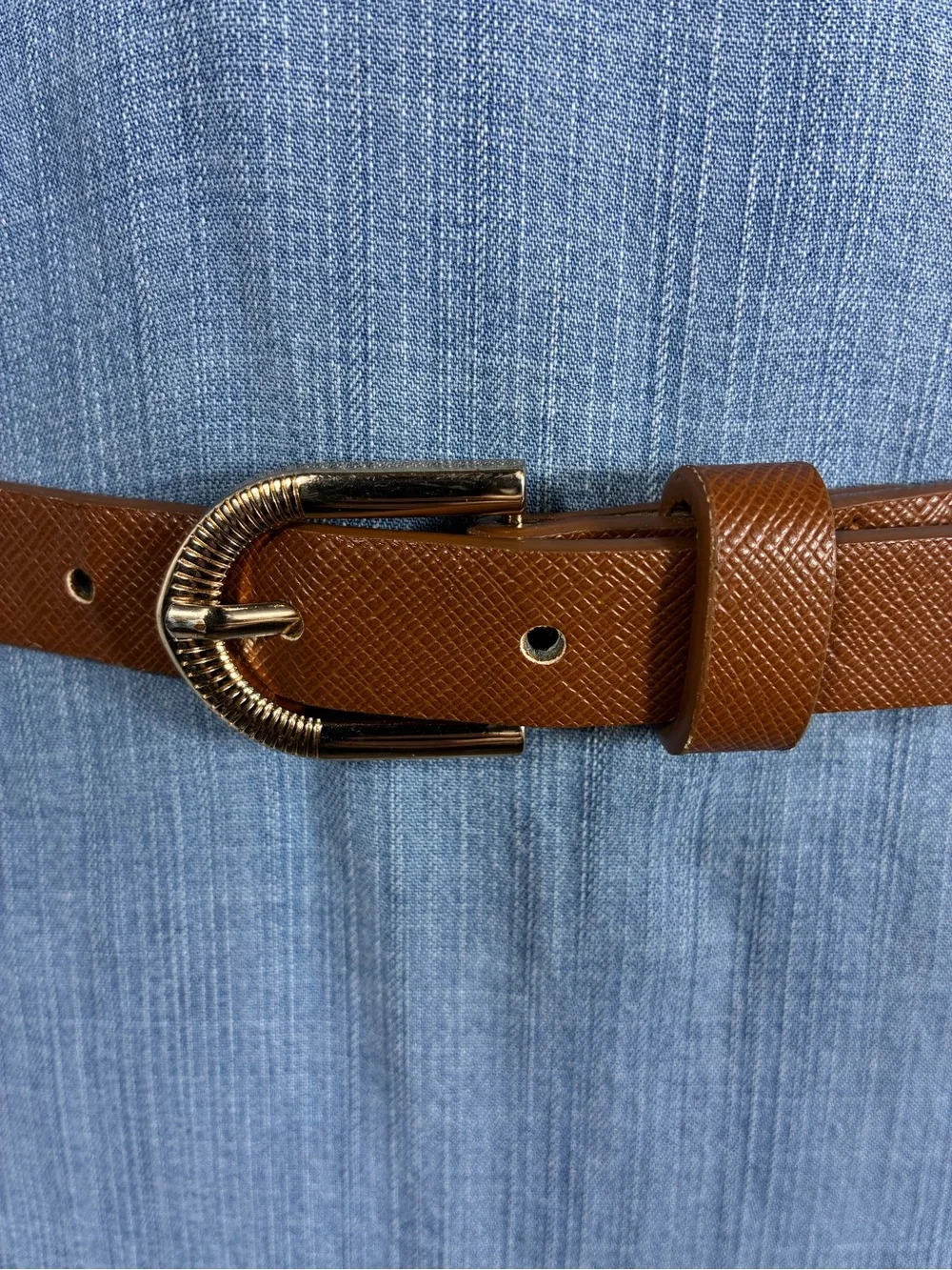 Steve Madden Womens Belt 42” long Cognac Textured Leather Gold-Tone Buckle